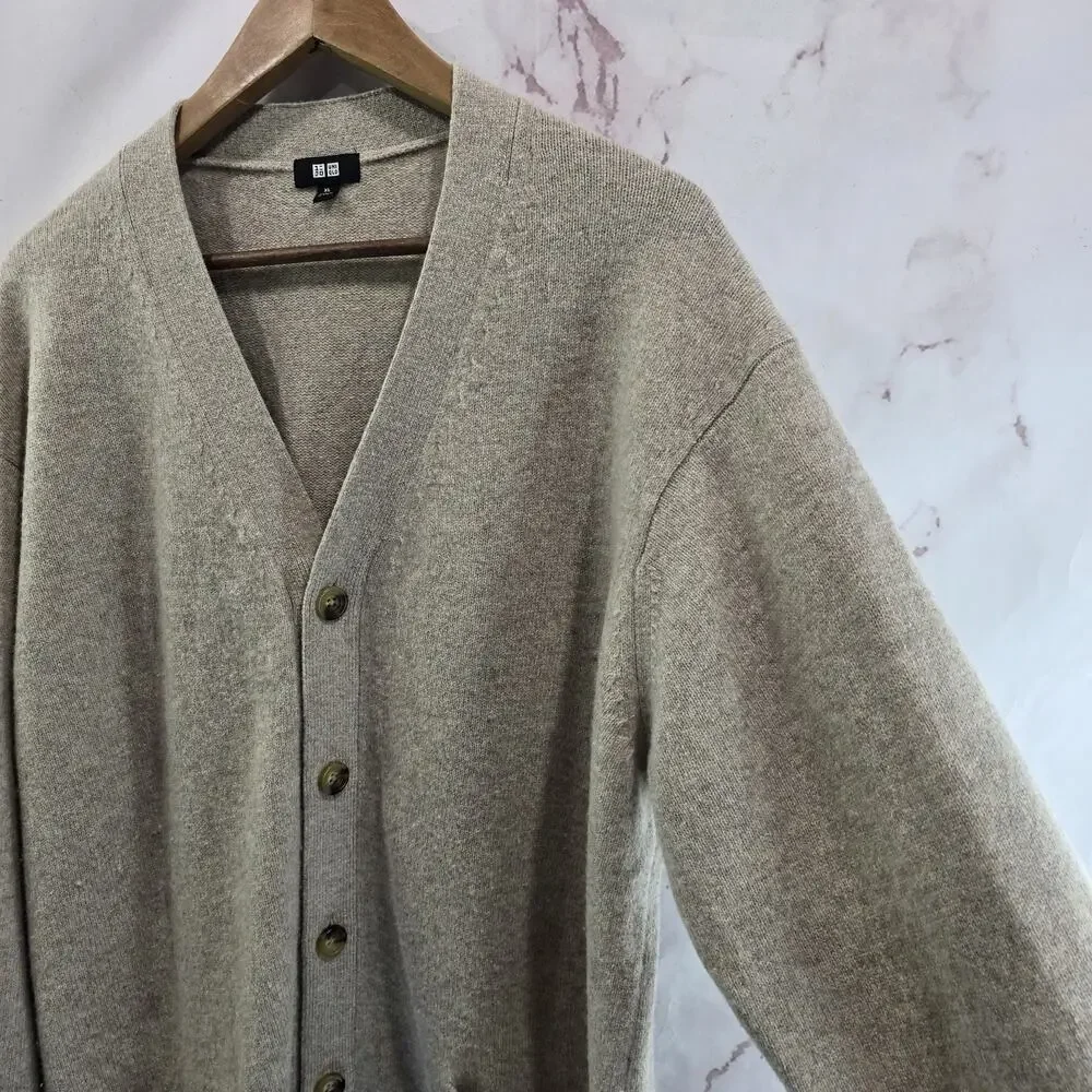 Uniqlo Cardigan Mens XL Beige Wool Thick Dad Grandpa Academic Cosby Core